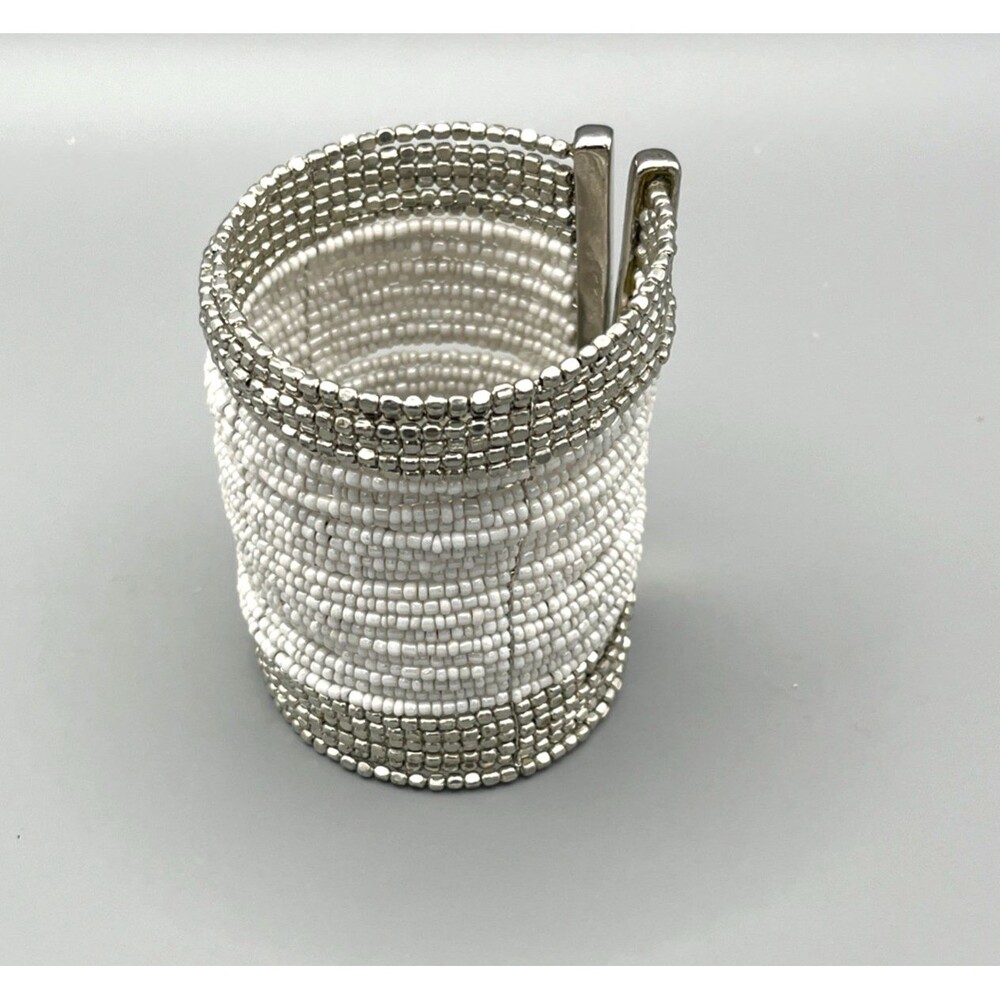 Cuff Wrap Bracelet Silver & White Beaded Wide Statement Original Gift Bag